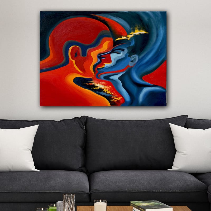 Canvastavla 70x100 cm - Abstrakt skildring av två ansikten som närmar sig varandra i en intensiv och känslomässig omfamning - Röd / Blå / Svart - Inredning - Tavlor & posters - Canvastavla