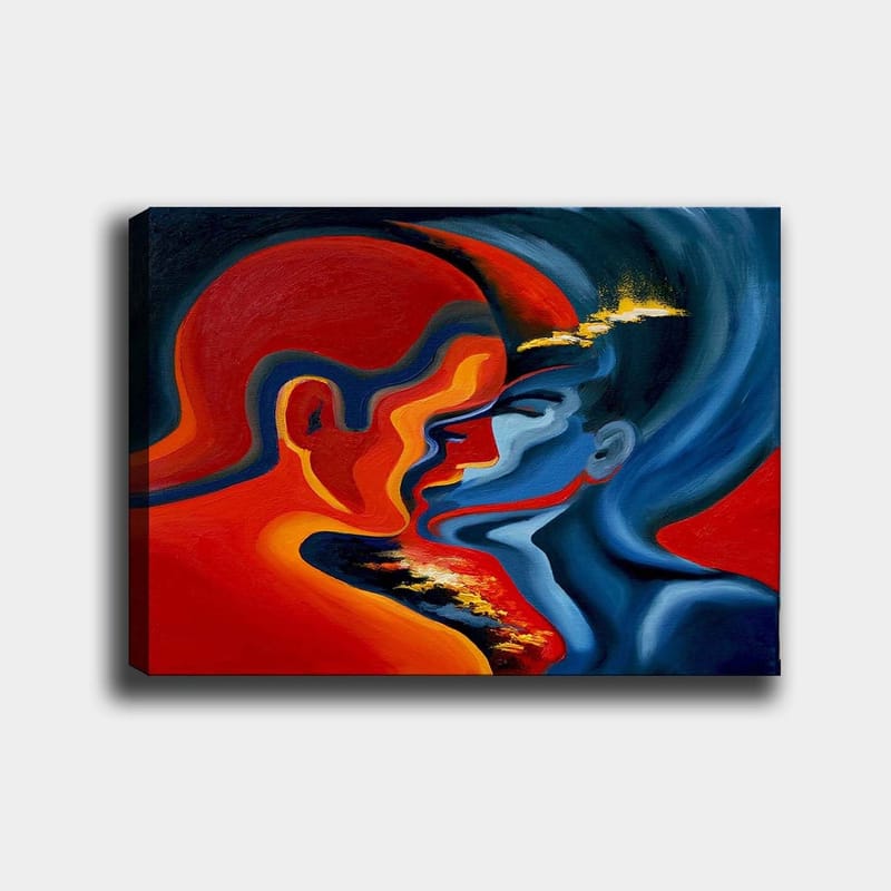 Canvastavla 70x100 cm - Abstrakt skildring av två ansikten som närmar sig varandra i en intensiv och känslomässig omfamning - Röd / Blå / Svart - Inredning - Tavlor & posters - Canvastavla