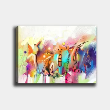 Canvastavla 70x100 cm - Abstrakt stadsmotiv med färgglada byggnader och dynamiska former - Blå / Rosa / Gul - Inredning - Tavlor & posters - Canvastavla