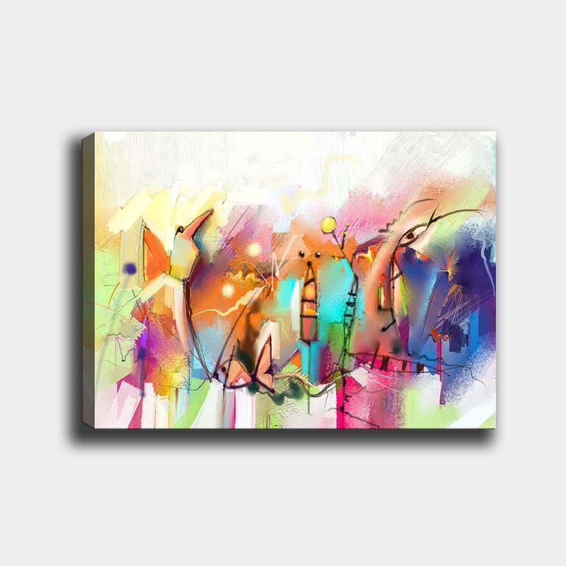 Canvastavla 70x100 cm - Abstrakt stadsmotiv med färgglada byggnader och dynamiska former - Blå / Rosa / Gul - Inredning - Tavlor & posters - Canvastavla