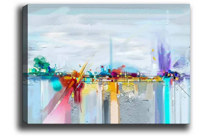 Canvastavla 70x100 cm - Abstrakt stadssilhuett med färgglada inslag och reflektioner - Blå / Lila / Orange - Inredning - Tavlor & posters - Canvastavla