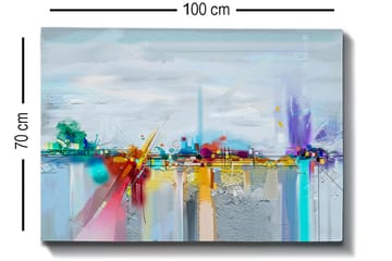 Canvastavla 70x100 cm - Abstrakt stadssilhuett med färgglada inslag och reflektioner - Blå / Lila / Orange - Inredning - Tavlor & posters - Canvastavla