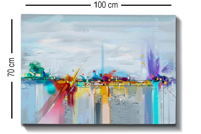 Canvastavla 70x100 cm - Abstrakt stadssilhuett med färgglada inslag och reflektioner - Blå / Lila / Orange - Inredning - Tavlor & posters - Canvastavla