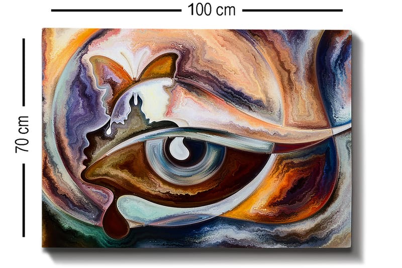 Canvastavla 70x100 cm - Abstrakt tolkning av ett öga med inslag av en fjäril och en ansiktsprofil - Blå / Brun / Orange - Inredning - Tavlor & posters - Canvastavla