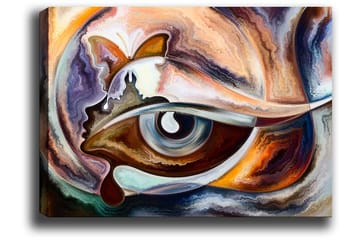 Canvastavla 70x100 cm - Abstrakt tolkning av ett öga med inslag av en fjäril och en ansiktsprofil - Blå / Brun / Orange - Inredning - Tavlor & posters - Canvastavla