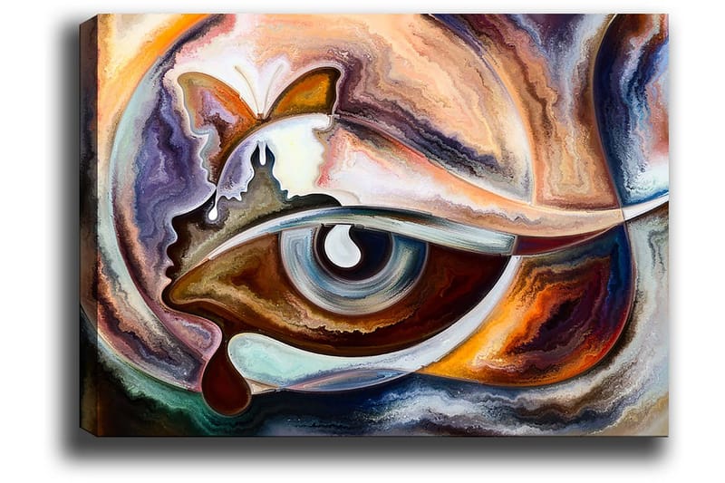 Canvastavla 70x100 cm - Abstrakt tolkning av ett öga med inslag av en fjäril och en ansiktsprofil - Blå / Brun / Orange - Inredning - Tavlor & posters - Canvastavla