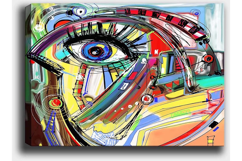 Canvastavla 70x100 cm - Abstrakt tolkning av ett ansikte med fokus på ögat - Blå / Gul / Röd - Inredning - Tavlor & posters - Canvastavla
