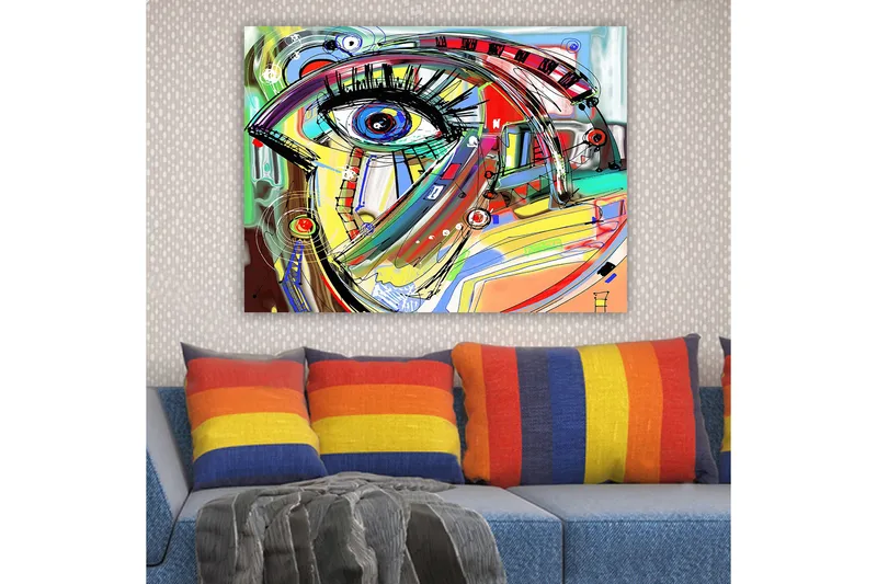 Canvastavla 70x100 cm - Abstrakt tolkning av ett ansikte med fokus på ögat, Blå / Gul / Röd