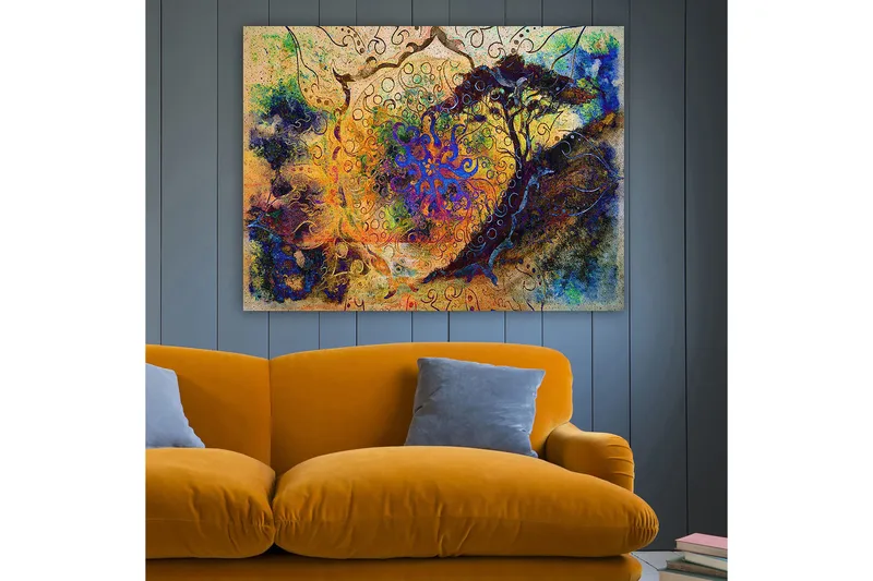 Canvastavla 70x100 cm - Abstrakt träd med spiraler och färgglada mönster i en drömliknande komposition - Blå / Orange / Lila - Inredning - Tavlor & posters - Canvastavla