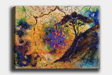 Canvastavla 70x100 cm - Abstrakt träd med spiraler och färgglada mönster i en drömliknande komposition - Blå / Orange / Lila - Inredning - Tavlor & posters - Canvastavla