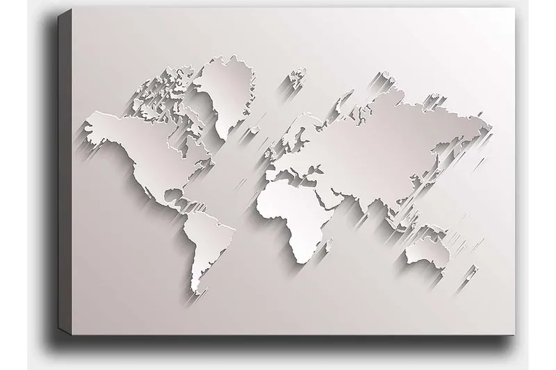 Canvastavla 70x100 cm - Abstrakt världskarta i skulptural stil - Vit / Ljusgrå - Inredning - Tavlor & posters - Canvastavla