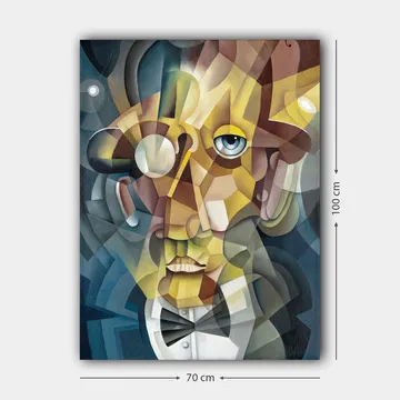 Canvastavla 70x100 cm - Abstrakt porträtt av en man med en elegant kostym och en uttrycksfull blick - Guld / Blå / Beige - Inredning - Tavlor & posters - Canvastavla