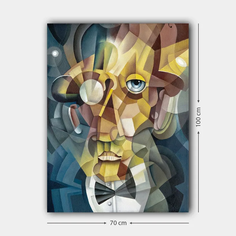 Canvastavla 70x100 cm - Abstrakt porträtt av en man med en elegant kostym och en uttrycksfull blick - Guld / Blå / Beige - Inredning - Tavlor & posters - Canvastavla