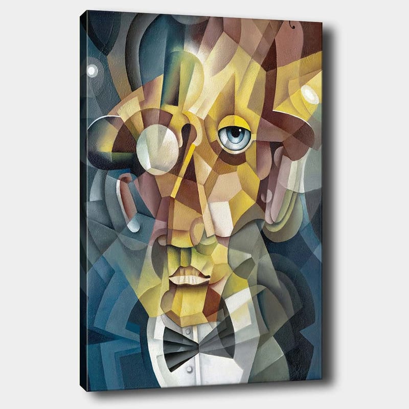 Canvastavla 70x100 cm - Abstrakt porträtt av en man med en elegant kostym och en uttrycksfull blick, Guld / Blå / Beige