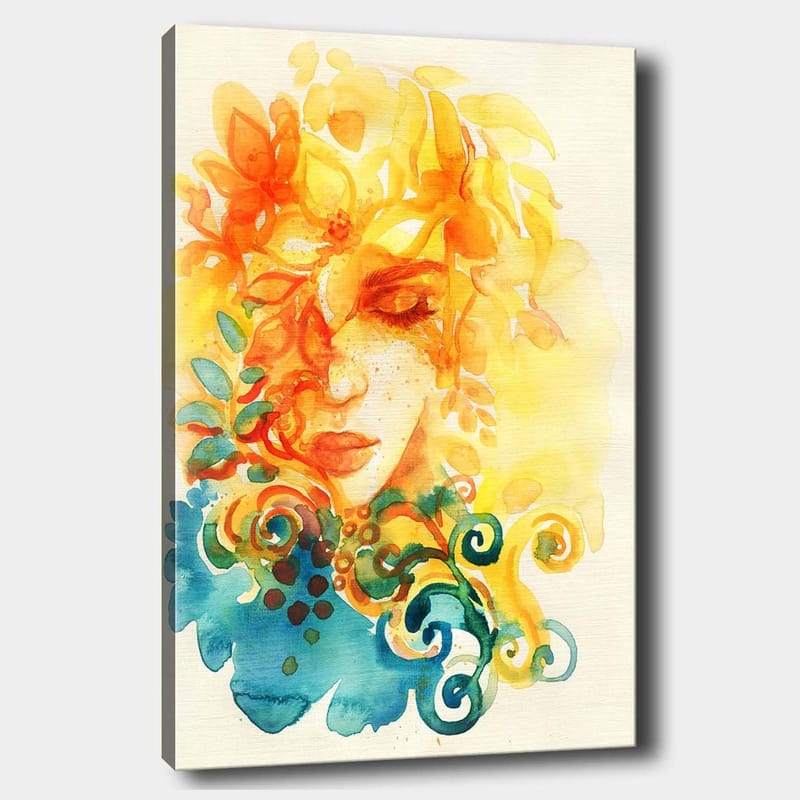 Canvastavla 70x100 cm - Abstrakt porträtt av en kvinna med blommor och löv i gult och orange, Gult / Orange / Blått