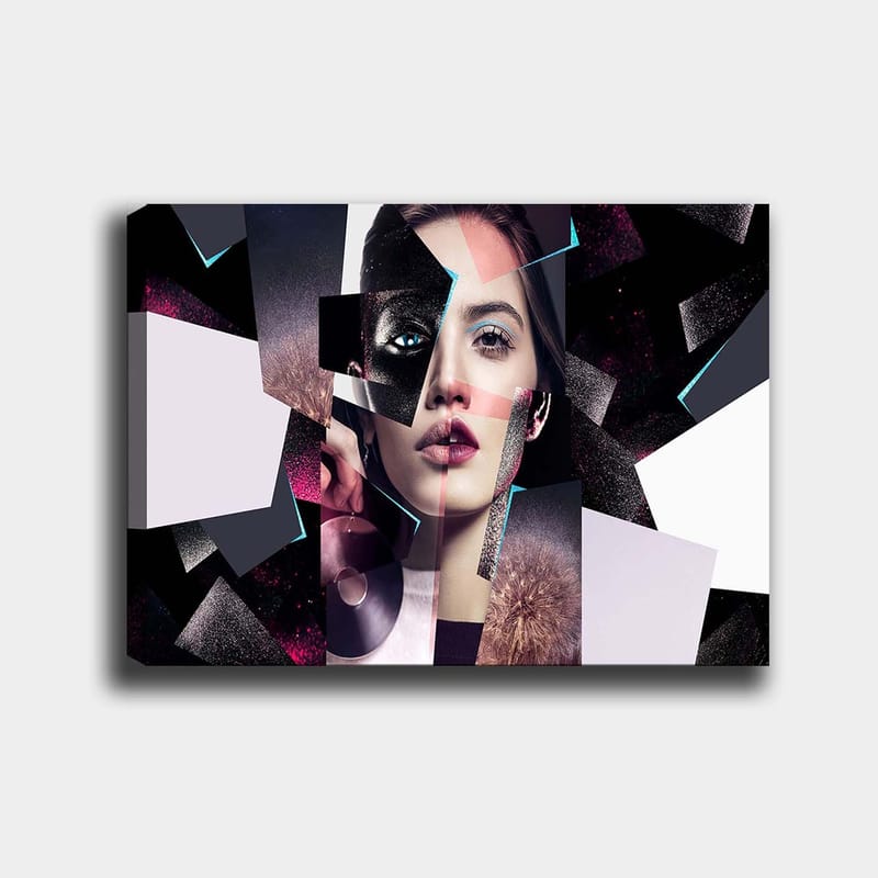 Canvastavla 70x100 cm - Abstrakt porträttkomposition av en kvinna med geometriska former och kontrasterande färger, Svart / Vit / Rosa