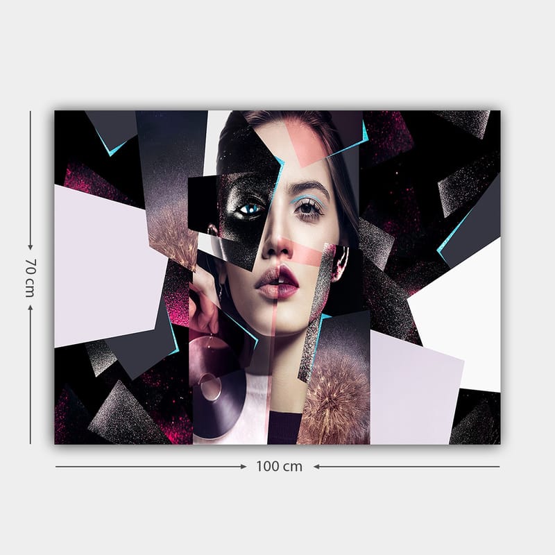Canvastavla 70x100 cm - Abstrakt porträttkomposition av en kvinna med geometriska former och kontrasterande färger - Svart / Vit / Rosa - Inredning - Tavlor & posters - Canvastavla