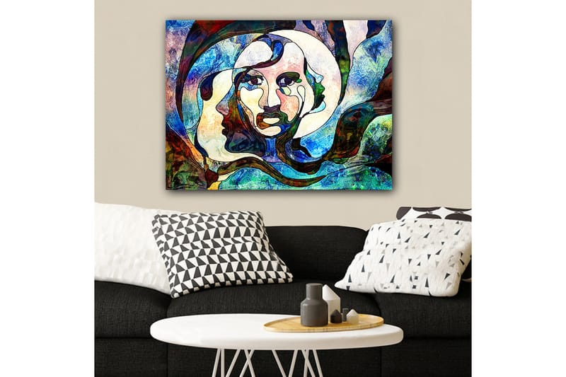 Canvastavla 70x100 cm - Abstrakt porträtt av en kvinna med flödande linjer och färger - Blå / Grön / Röd - Inredning - Tavlor & posters - Canvastavla