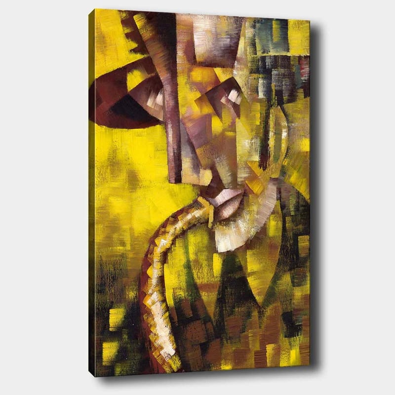 Canvastavla 70x100 cm - Abstrakt porträtt av en musiker som spelar saxofon, med fokus på ansiktets och instrumentets former, Gult / Brunt / Svart