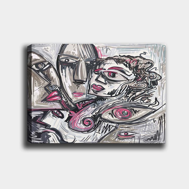 Canvastavla 70x100 cm - Abstrakt porträtt av ansikten med känslomässiga uttryck, Grå / Rosa / Svart