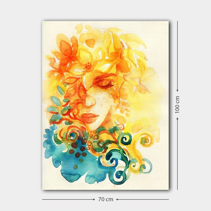 Canvastavla 70x100 cm - Abstrakt porträtt av en kvinna med blommor och löv i gult och orange - Gult / Orange / Blått - Inredning - Tavlor & posters - Canvastavla