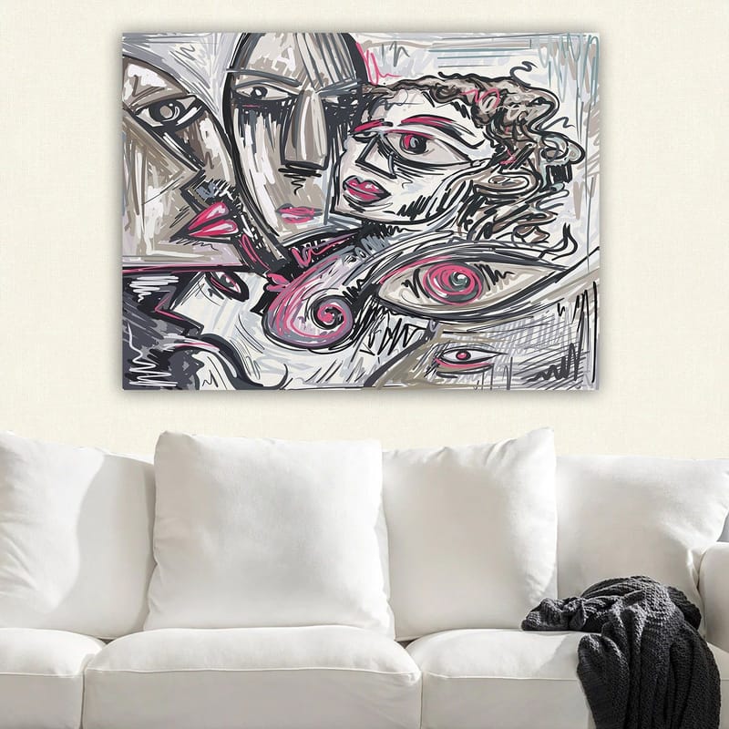 Canvastavla 70x100 cm - Abstrakt porträtt av ansikten med känslomässiga uttryck - Grå / Rosa / Svart - Inredning - Tavlor & posters - Canvastavla