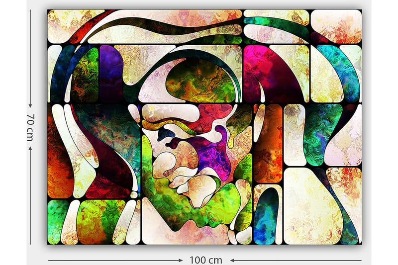 Canvastavla 70x100 cm - Abstrakt porträtt med färgglada former och linjer - Grön / Röd / Lila - Inredning - Tavlor & posters - Canvastavla