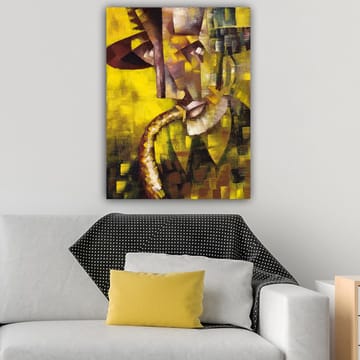 Canvastavla 70x100 cm - Abstrakt porträtt av en musiker som spelar saxofon, med fokus på ansiktets och instrumentets former - Gult / Brunt / Svart - Inredning - Tavlor & posters - Canvastavla