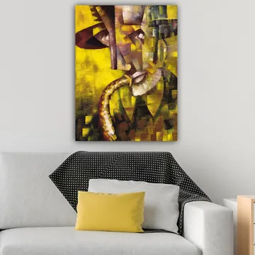 Canvastavla 70x100 cm - Abstrakt porträtt av en musiker som spelar saxofon, med fokus på ansiktets och instrumentets former - Gult / Brunt / Svart - Inredning - Tavlor & posters - Canvastavla