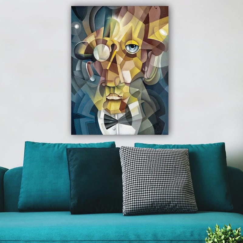 Canvastavla 70x100 cm - Abstrakt porträtt av en man med en elegant kostym och en uttrycksfull blick - Guld / Blå / Beige - Inredning - Tavlor & posters - Canvastavla
