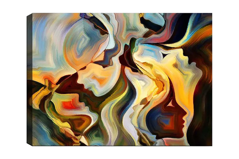 Canvastavla 70x100 cm - Abstrakt porträtt av ansikten som smälter samman i en dynamisk komposition, Guld / Mörkgrön / Röd