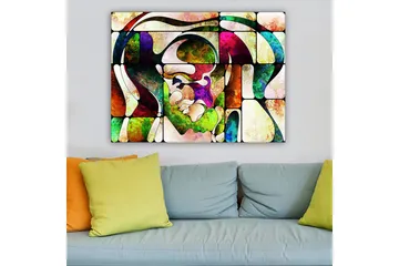 Canvastavla 70x100 cm - Abstrakt porträtt med färgglada former och linjer - Grön / Röd / Lila - Inredning - Tavlor & posters - Canvastavla