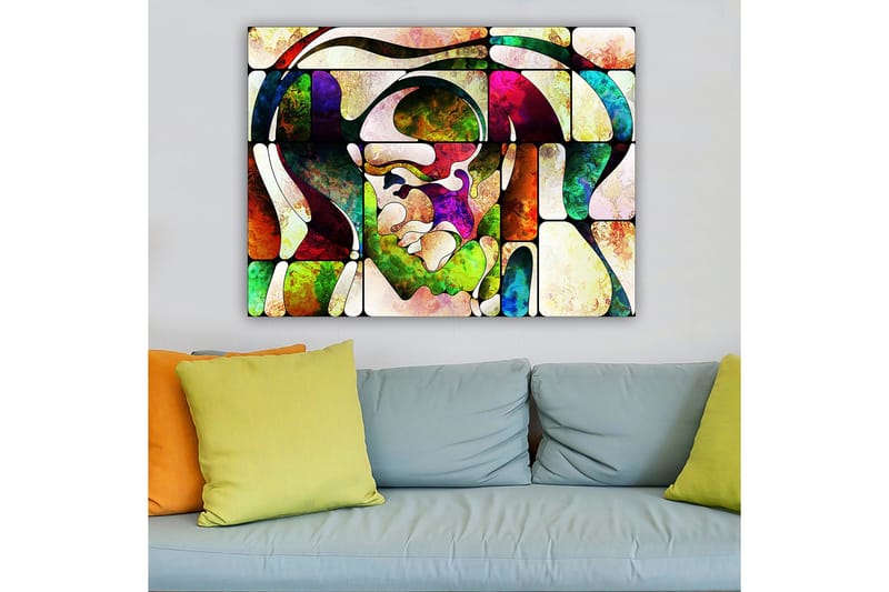 Canvastavla 70x100 cm - Abstrakt porträtt med färgglada former och linjer - Grön / Röd / Lila - Inredning - Tavlor & posters - Canvastavla