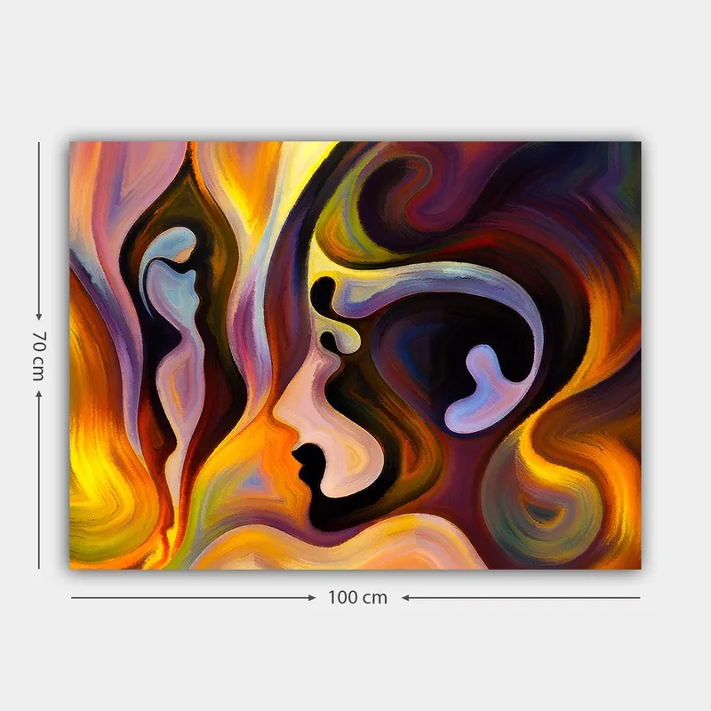 Canvastavla 70x100 cm - Abstrakt porträtt med sammansmälta ansiktsformer och färger som uttrycker känslor - Mörk lila / Orange / Ljusblå - Inredning - Tavlor & posters - Canvastavla