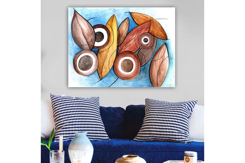 Canvastavla 70x100 cm - Abstrakta former av blad och cirklar i harmoniska färger - Brun / Beige / Vit - Inredning - Tavlor & posters - Canvastavla