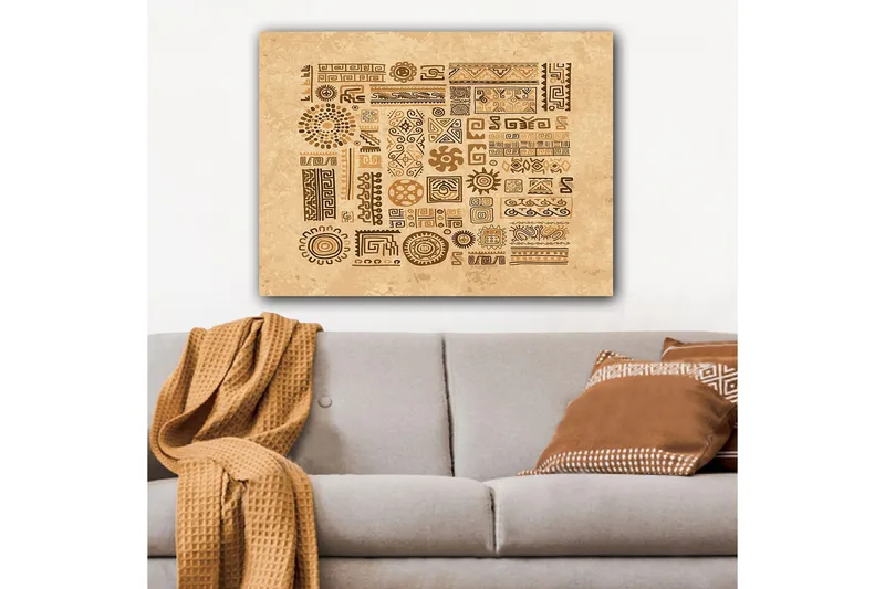 Canvastavla 70x100 cm - Abstrakta mönster och symboler i en jordnära stil - Ljusbrun / Mörkbrun / Beige - Inredning - Tavlor & posters - Canvastavla