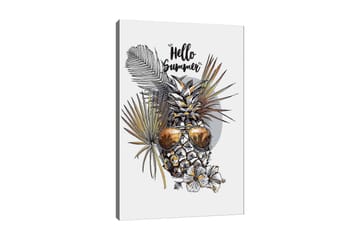 Canvastavla 70x100 cm - Ananas med solglasögon omgiven av tropiska växter och blommor, med texten Hello Summer - Guld / Grön / Vit - Inredning - Tavlor & posters - Canvastavla