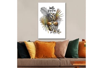 Canvastavla 70x100 cm - Ananas med solglasögon omgiven av tropiska växter och blommor, med texten Hello Summer - Guld / Grön / Vit - Inredning - Tavlor & posters - Canvastavla