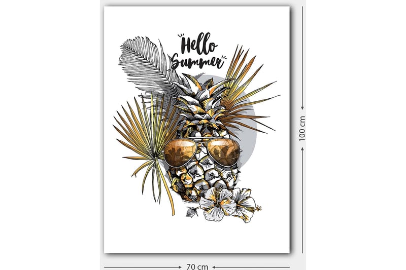 Canvastavla 70x100 cm - Ananas med solglasögon omgiven av tropiska växter och blommor, med texten Hello Summer - Guld / Grön / Vit - Inredning - Tavlor & posters - Canvastavla