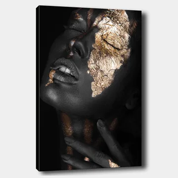 Canvastavla 70x100 cm - Ansiktsporträtt med guldblad som framhäver ansiktets konturer och uttryck - Svart / Guld - Inredning - Tavlor & posters - Canvastavla