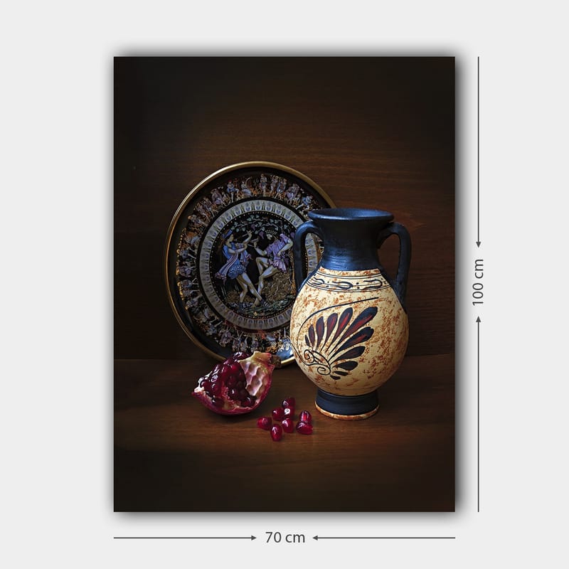 Canvastavla 70x100 cm - Antik kruka med dekorativa mönster och granatäpple som huvudmotiv - Svart / Beige / Röd - Inredning - Tavlor & posters - Canvastavla
