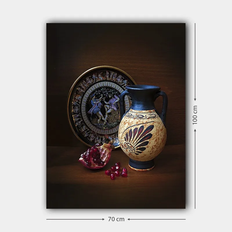 Canvastavla 70x100 cm - Antik kruka med dekorativa mönster och granatäpple som huvudmotiv - Svart / Beige / Röd - Inredning - Tavlor & posters - Canvastavla