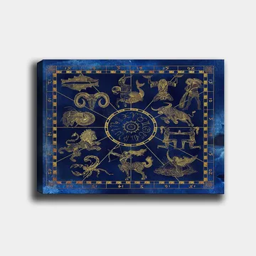 Canvastavla 70x100 cm - Astrologisk karta med zodiakens tolv tecken i guld mot en djupblå bakgrund - Djupblå / Guld - Inredning - Tavlor & posters - Canvastavla