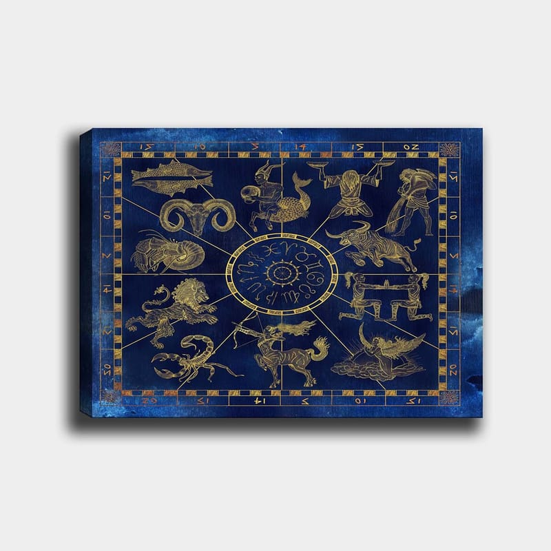 Canvastavla 70x100 cm - Astrologisk karta med zodiakens tolv tecken i guld mot en djupblå bakgrund, Djupblå / Guld