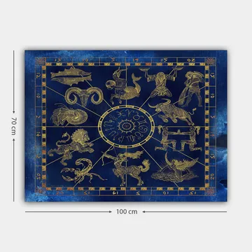 Canvastavla 70x100 cm - Astrologisk karta med zodiakens tolv tecken i guld mot en djupblå bakgrund - Djupblå / Guld - Inredning - Tavlor & posters - Canvastavla
