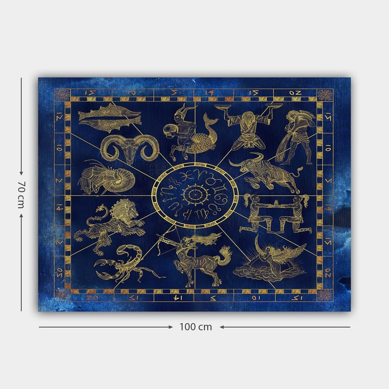 Canvastavla 70x100 cm - Astrologisk karta med zodiakens tolv tecken i guld mot en djupblå bakgrund - Djupblå / Guld - Inredning - Tavlor & posters - Canvastavla