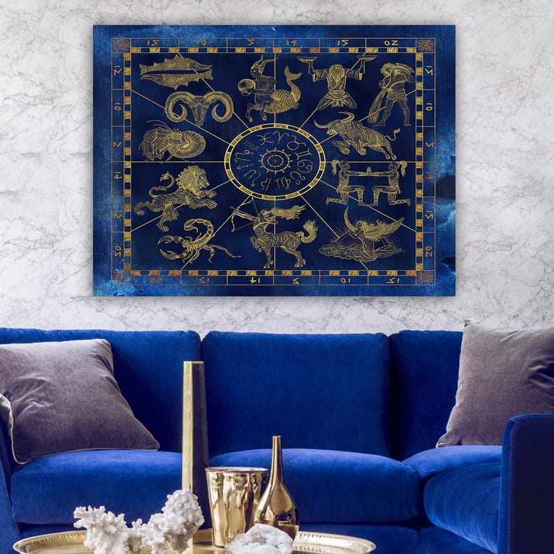 Canvastavla 70x100 cm - Astrologisk karta med zodiakens tolv tecken i guld mot en djupblå bakgrund - Djupblå / Guld - Inredning - Tavlor & posters - Canvastavla