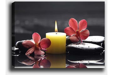 Canvastavla 70x100 cm - Avkopplande komposition med en tänd ljuslykta, svarta stenar och rosa blommor - Gul / Rosa / Svart - Inredning - Tavlor & posters - Canvastavla