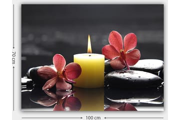 Canvastavla 70x100 cm - Avkopplande komposition med en tänd ljuslykta, svarta stenar och rosa blommor - Gul / Rosa / Svart - Inredning - Tavlor & posters - Canvastavla