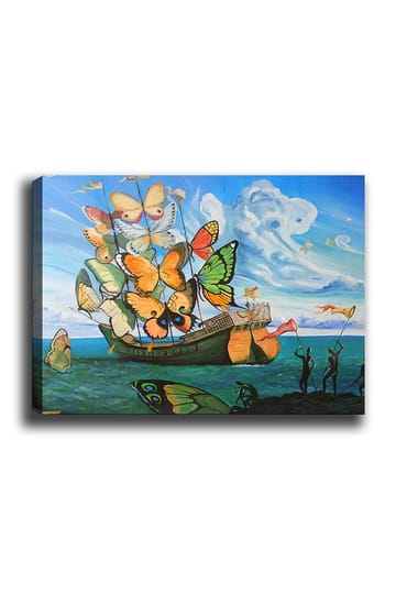 Canvastavla 70x100 cm - Båt fylld med färgglada fjärilar svävar över havet - Orange / Grön / Blå - Inredning - Tavlor & posters - Canvastavla
